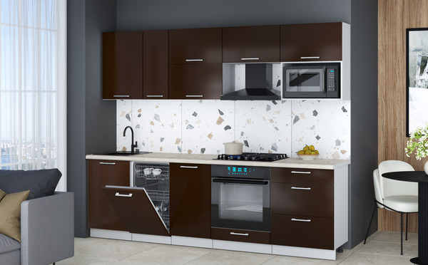 Изображение товара Кухонный гарнитур Интерлиния Мила Gloss 2.6-ПМ4 (шоколад глянец/шоколад глянец/бискайская сосна)