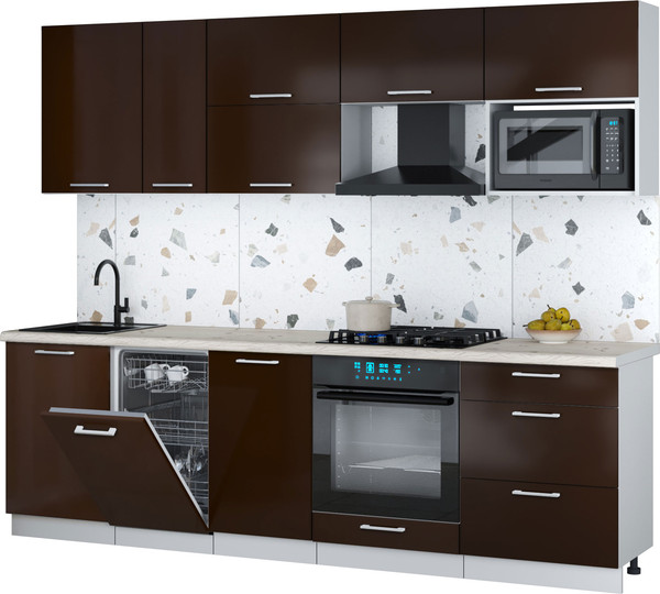Изображение товара Кухонный гарнитур Интерлиния Мила Gloss 2.6-ПМ4 (шоколад глянец/шоколад глянец/бискайская сосна)