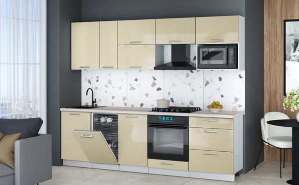 Изображение товара Кухонный гарнитур Интерлиния Мила Gloss 2.6-ПМ4 (ваниль глянец/ваниль глянец/травертин серый)