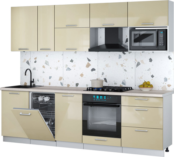 Изображение товара Кухонный гарнитур Интерлиния Мила Gloss 2.6-ПМ4 (ваниль глянец/ваниль глянец/травертин серый)