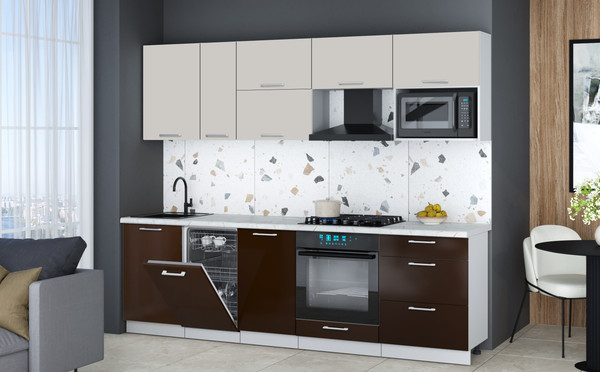 Изображение товара Кухонный гарнитур Интерлиния Мила Gloss 2.6-ПМ4 (шоколад глянец/кашемир/серый каспий)