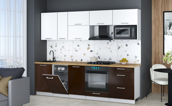 Изображение товара Кухонный гарнитур Интерлиния Мила Gloss 2.6-ПМ4 (шоколад глянец/белый/дуб бунратти)