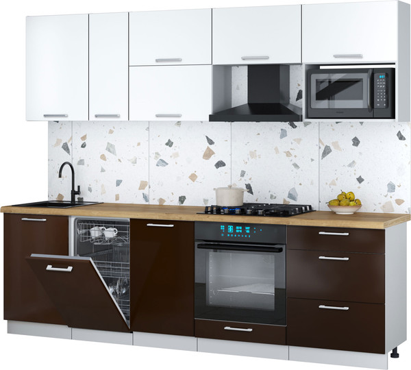 Изображение товара Кухонный гарнитур Интерлиния Мила Gloss 2.6-ПМ4 (шоколад глянец/белый/дуб бунратти)