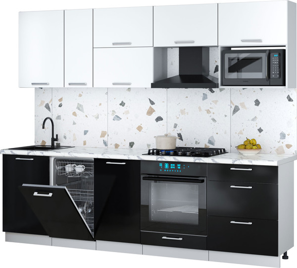 Изображение товара Кухонный гарнитур Интерлиния Мила Gloss 2.6-ПМ4 (черный глянец/белый/белый гранит)