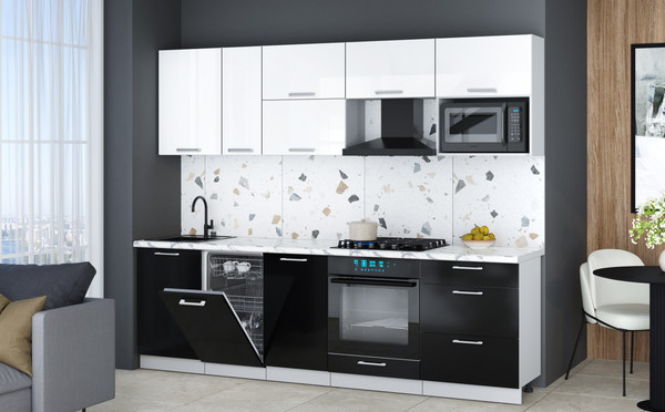 Изображение товара Кухонный гарнитур Интерлиния Мила Gloss 2.6-ПМ4 (черный глянец/белый глянец/белый гранит)