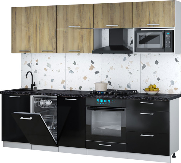 Изображение товара Кухонный гарнитур Интерлиния Мила Gloss 2.6-ПМ4 (черный глянец/дуб вотан/кастилло темный)