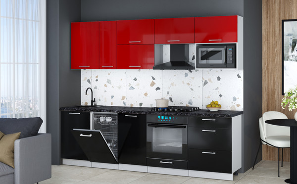 Изображение товара Кухонный гарнитур Интерлиния Мила Gloss 2.6-ПМ4 (черный глянец/красный глянец/кастилло темный)