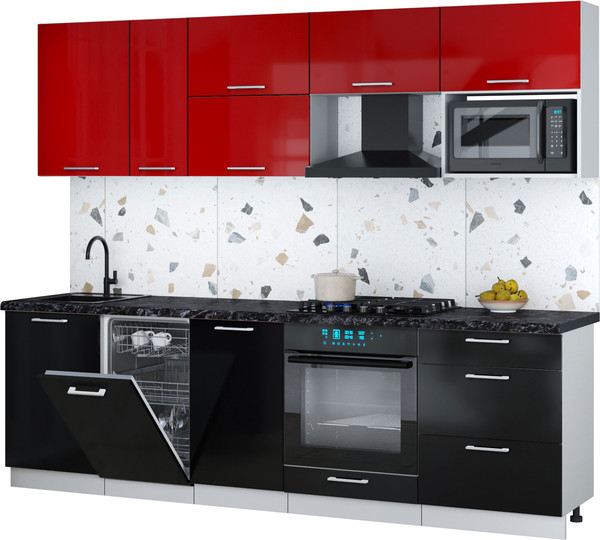 Изображение товара Кухонный гарнитур Интерлиния Мила Gloss 2.6-ПМ4 (черный глянец/красный глянец/кастилло темный)