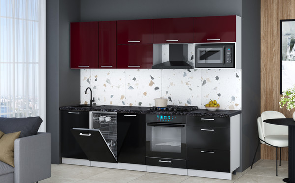 Изображение товара Кухонный гарнитур Интерлиния Мила Gloss 2.6-ПМ4 (черный глянец/бордовый глянец/кастилло темный)