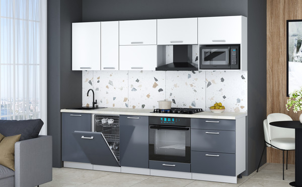 Изображение товара Кухонный гарнитур Интерлиния Мила Gloss 2.6-ПМ4 (асфальт глянец/белый/опал светлый)