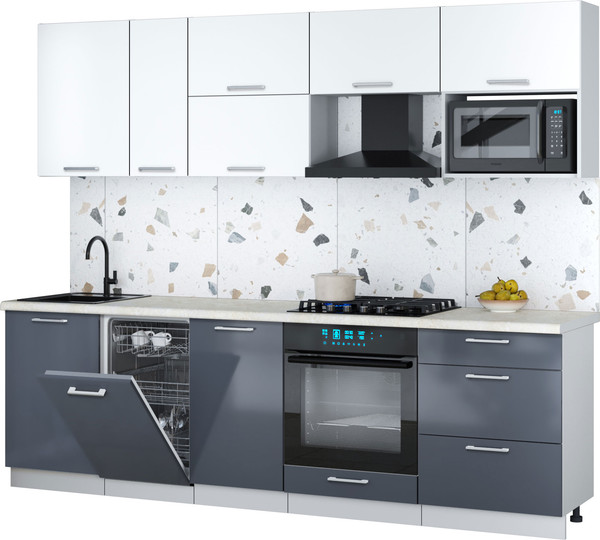 Изображение товара Кухонный гарнитур Интерлиния Мила Gloss 2.6-ПМ4 (асфальт глянец/белый/опал светлый)