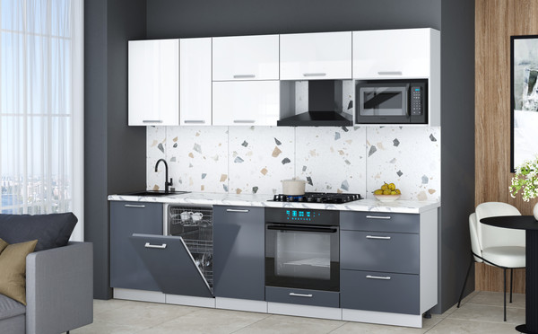 Изображение товара Кухонный гарнитур Интерлиния Мила Gloss 2.6-ПМ4 (асфальт глянец/белый глянец/белый гранит)