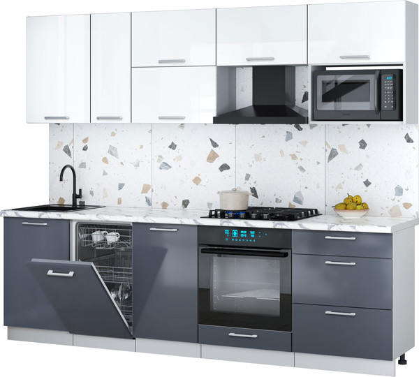 Изображение товара Кухонный гарнитур Интерлиния Мила Gloss 2.6-ПМ4 (асфальт глянец/белый глянец/белый гранит)