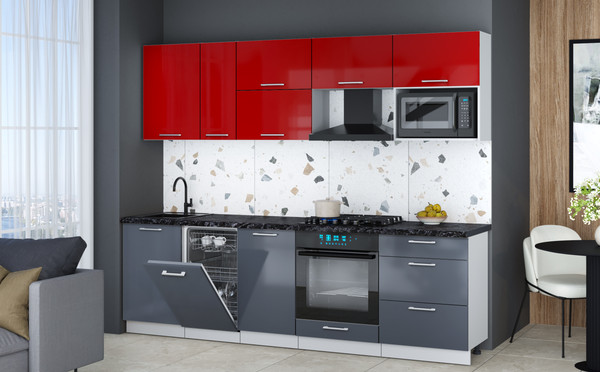 Изображение товара Кухонный гарнитур Интерлиния Мила Gloss 2.6-ПМ4 (асфальт глянец/красный глянец/кастилло темный)