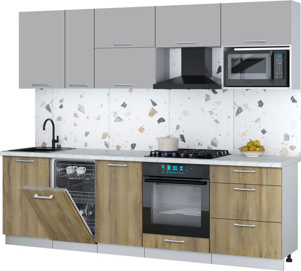 Изображение товара Кухонный гарнитур Интерлиния Мила Gloss 2.6-ПМ4 (дуб вотан/грей/серый каспий)