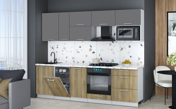 Изображение товара Кухонный гарнитур Интерлиния Мила Gloss 2.6-ПМ4 (дуб вотан/серый/белый гранит)