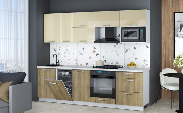 Изображение товара Кухонный гарнитур Интерлиния Мила Gloss 2.6-ПМ4 (дуб вотан/ваниль глянец/серый каспий)