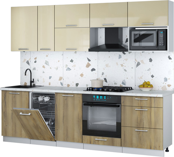 Изображение товара Кухонный гарнитур Интерлиния Мила Gloss 2.6-ПМ4 (дуб вотан/ваниль глянец/серый каспий)