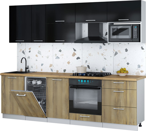 Изображение товара Кухонный гарнитур Интерлиния Мила Gloss 2.6-ПМ4 (дуб вотан/черный глянец/дуб бунратти)