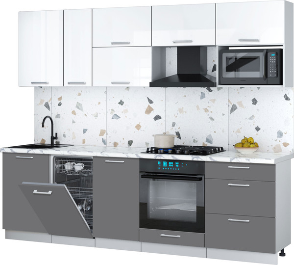 Изображение товара Кухонный гарнитур Интерлиния Мила Gloss 2.6-ПМ4 (серый/белый глянец/белый гранит)