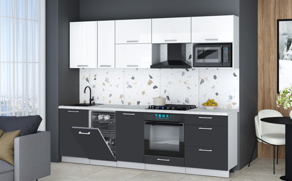 Изображение товара Кухонный гарнитур Интерлиния Мила Gloss 2.6-ПМ4 (пепел/белый глянец/серый каспий)