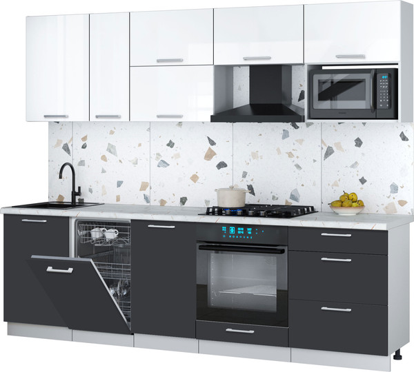 Изображение товара Кухонный гарнитур Интерлиния Мила Gloss 2.6-ПМ4 (пепел/белый глянец/серый каспий)