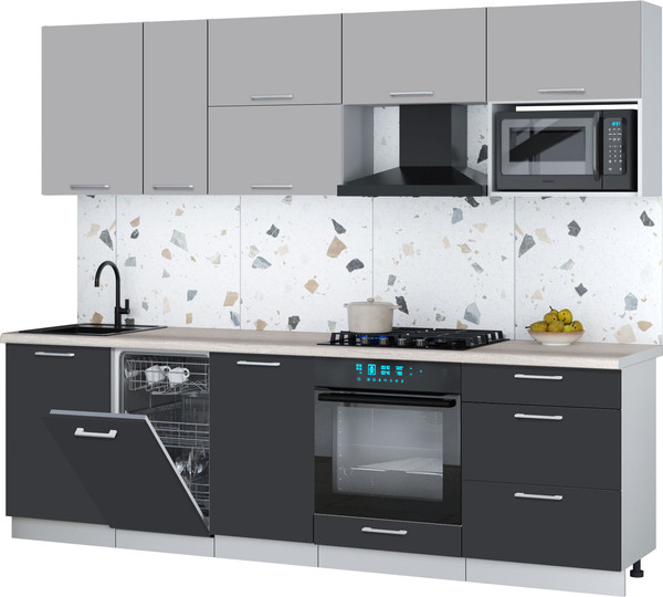 Изображение товара Кухонный гарнитур Интерлиния Мила Gloss 2.6-ПМ4 (пепел/грей/травертин серый)