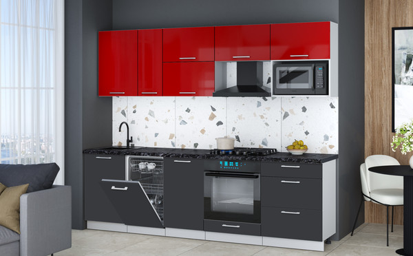 Изображение товара Кухонный гарнитур Интерлиния Мила Gloss 2.6-ПМ4 (пепел/красный глянец/кастилло темный)