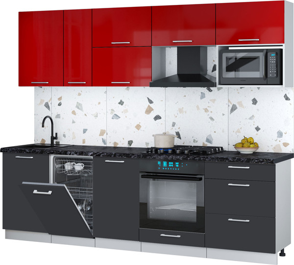 Изображение товара Кухонный гарнитур Интерлиния Мила Gloss 2.6-ПМ4 (пепел/красный глянец/кастилло темный)