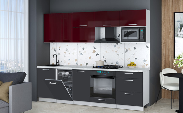 Изображение товара Кухонный гарнитур Интерлиния Мила Gloss 2.6-ПМ4 (пепел/бордовый глянец/серый каспий)