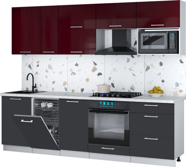 Изображение товара Кухонный гарнитур Интерлиния Мила Gloss 2.6-ПМ4 (пепел/бордовый глянец/серый каспий)