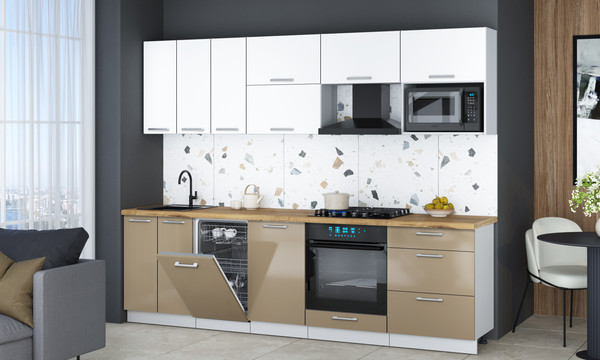 Изображение товара Кухонный гарнитур Интерлиния Мила Gloss 2.7-ПМ4 (капучино глянец/белый/дуб бунратти)