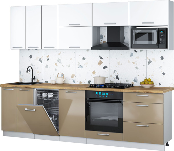 Изображение товара Кухонный гарнитур Интерлиния Мила Gloss 2.7-ПМ4 (капучино глянец/белый/дуб бунратти)