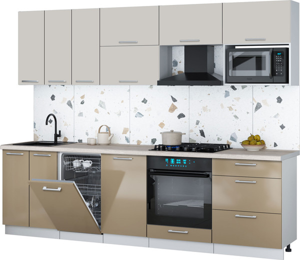 Изображение товара Кухонный гарнитур Интерлиния Мила Gloss 2.7-ПМ4 (капучино глянец/кашемир/травертин серый)