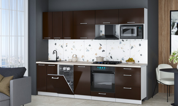 Изображение товара Кухонный гарнитур Интерлиния Мила Gloss 2.7-ПМ4 (шоколад глянец/шоколад глянец/бискайская сосна)