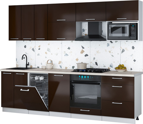 Изображение товара Кухонный гарнитур Интерлиния Мила Gloss 2.7-ПМ4 (шоколад глянец/шоколад глянец/бискайская сосна)