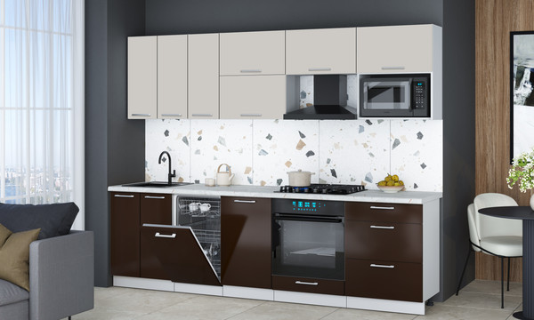 Изображение товара Кухонный гарнитур Интерлиния Мила Gloss 2.7-ПМ4 (шоколад глянец/кашемир/серый каспий)