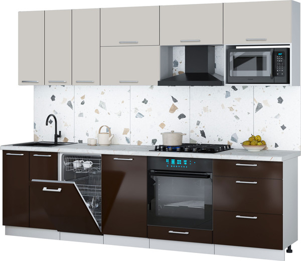Изображение товара Кухонный гарнитур Интерлиния Мила Gloss 2.7-ПМ4 (шоколад глянец/кашемир/серый каспий)