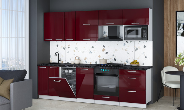 Изображение товара Кухонный гарнитур Интерлиния Мила Gloss 2.7-ПМ4 (бордовый глянец/бордовый глянец/кастилло темный)