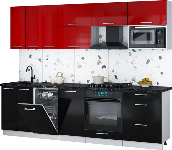 Изображение товара Кухонный гарнитур Интерлиния Мила Gloss 2.7-ПМ4 (черный глянец/красный глянец/кастилло темный)