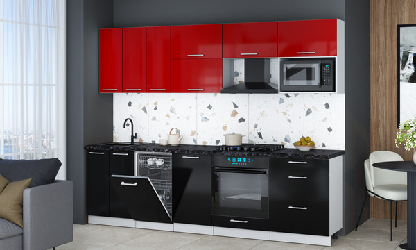 Изображение товара Кухонный гарнитур Интерлиния Мила Gloss 2.7-ПМ4 (черный глянец/красный глянец/кастилло темный)