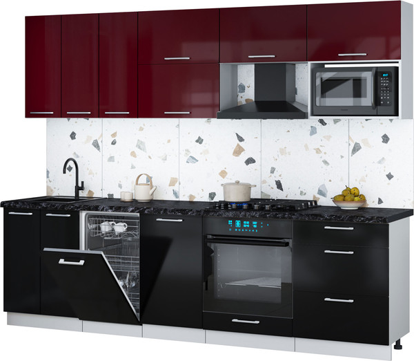 Изображение товара Кухонный гарнитур Интерлиния Мила Gloss 2.7-ПМ4 (черный глянец/бордовый глянец/кастилло темный)