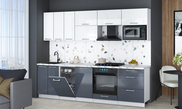 Изображение товара Кухонный гарнитур Интерлиния Мила Gloss 2.7-ПМ4 (асфальт глянец/белый глянец/белый гранит)