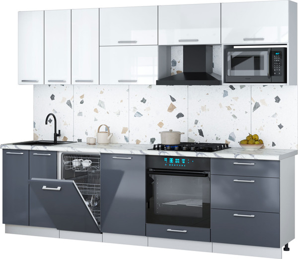 Изображение товара Кухонный гарнитур Интерлиния Мила Gloss 2.7-ПМ4 (асфальт глянец/белый глянец/белый гранит)