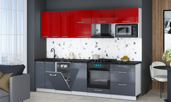 Изображение товара Кухонный гарнитур Интерлиния Мила Gloss 2.7-ПМ4 (асфальт глянец/красный глянец/кастилло темный)