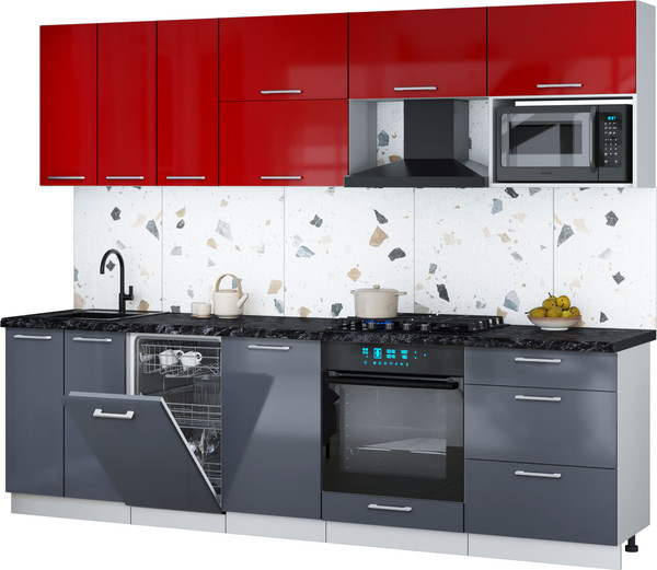 Изображение товара Кухонный гарнитур Интерлиния Мила Gloss 2.7-ПМ4 (асфальт глянец/красный глянец/кастилло темный)