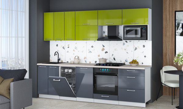 Изображение товара Кухонный гарнитур Интерлиния Мила Gloss 2.7-ПМ4 (асфальт глянец/яблоко глянец/травертин серый)