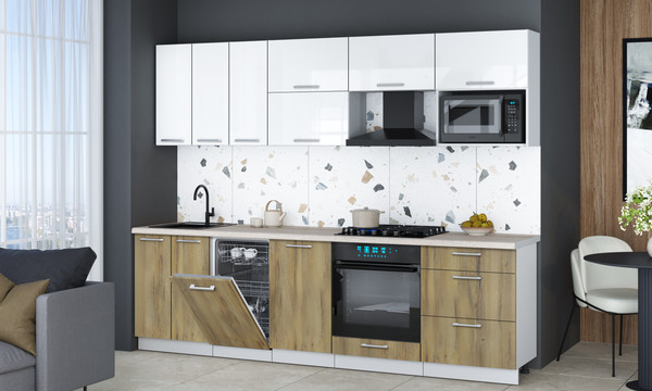 Изображение товара Кухонный гарнитур Интерлиния Мила Gloss 2.7-ПМ4 (дуб вотан/белый глянец/травертин серый)