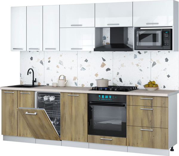 Изображение товара Кухонный гарнитур Интерлиния Мила Gloss 2.7-ПМ4 (дуб вотан/белый глянец/травертин серый)