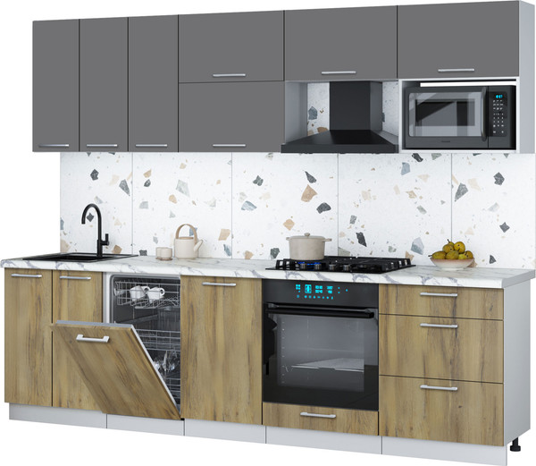 Изображение товара Кухонный гарнитур Интерлиния Мила Gloss 2.7-ПМ4 (дуб вотан/серый/белый гранит)